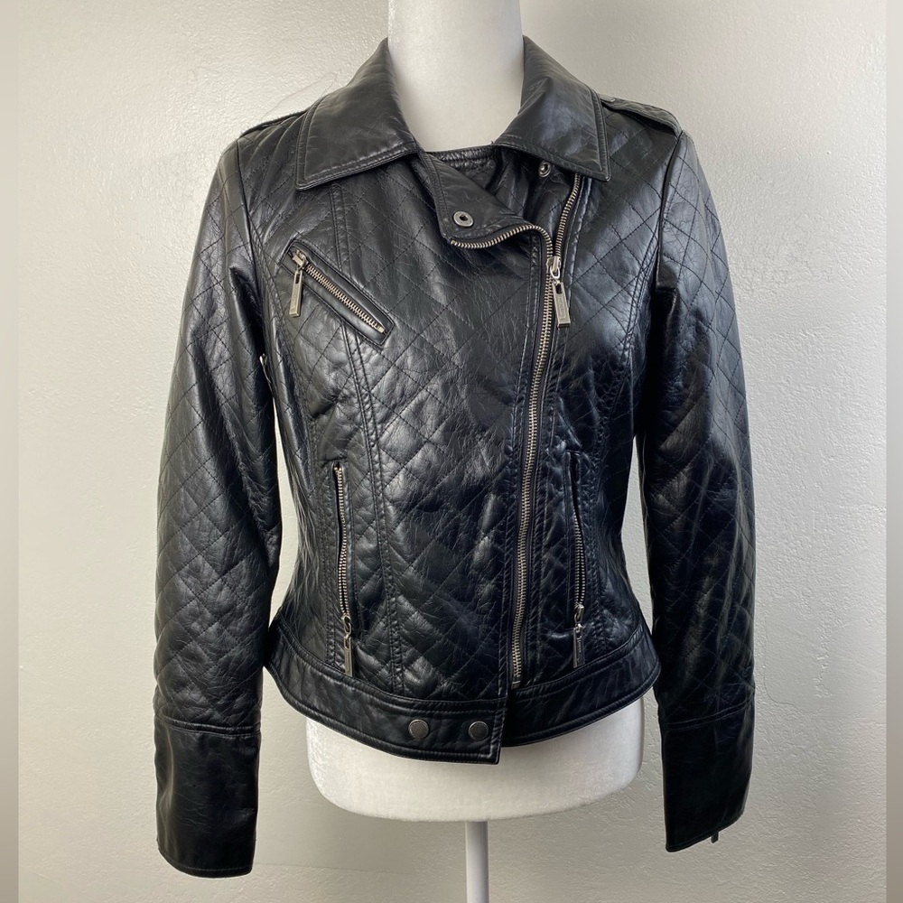 Quilted Motorcycle Faux Leather Joujou Black Full Zip Bomber Jacket size Medium